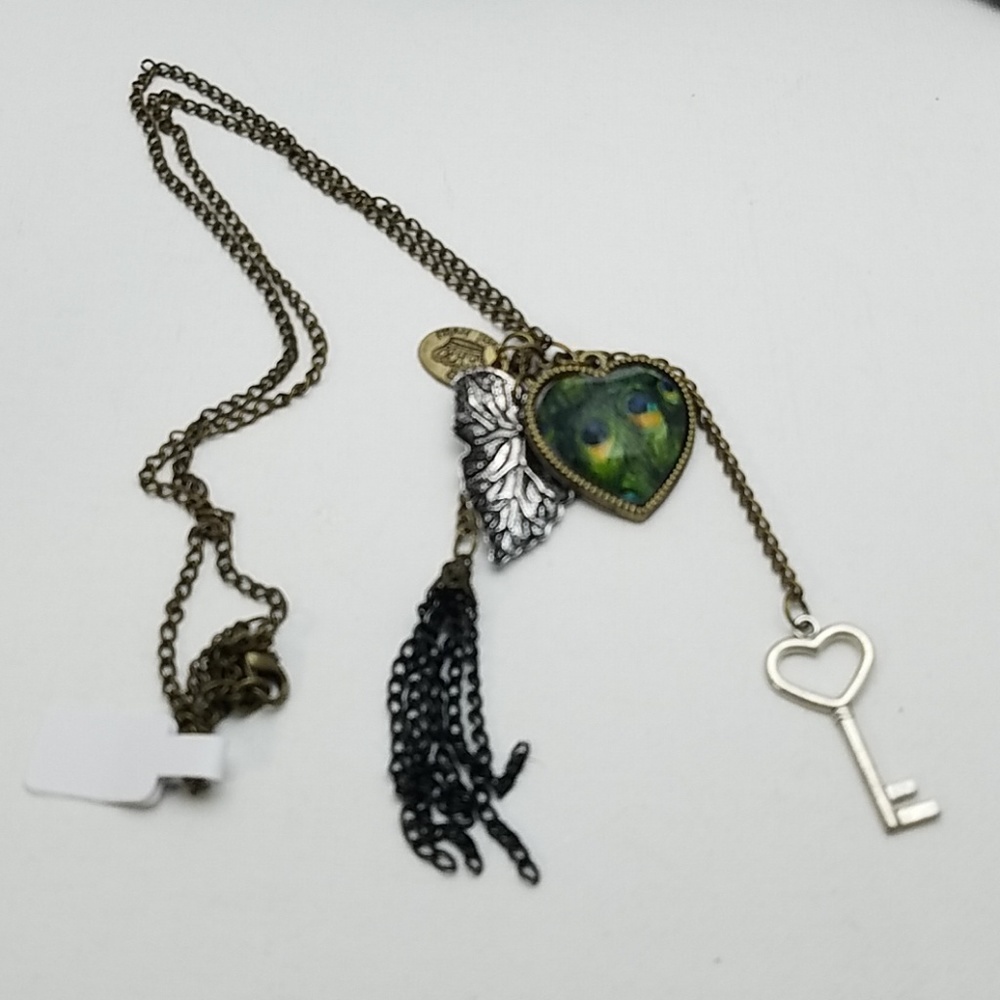 Peacock Heart Key Leaf Tassel Antique 26" Chain.